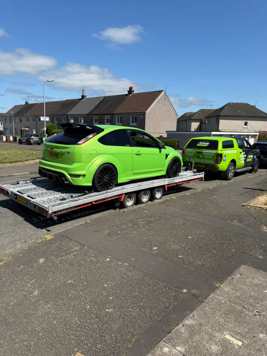 Ford Focus RS loaded on the Burnside Recovery transport trailer