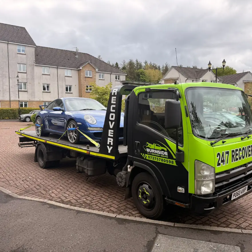 Porsche 911 recovered on the Burnside flatbed in Clydebank