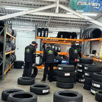 Tyre fitting and balancing at KMC Tyres, next door to Burnside Motors